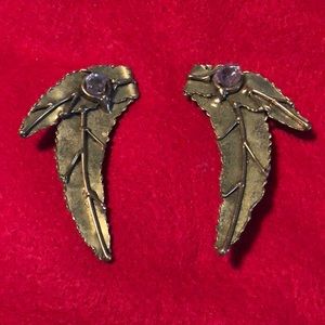 Brutalist style textured leaf earrings with bezel set raw amethyst